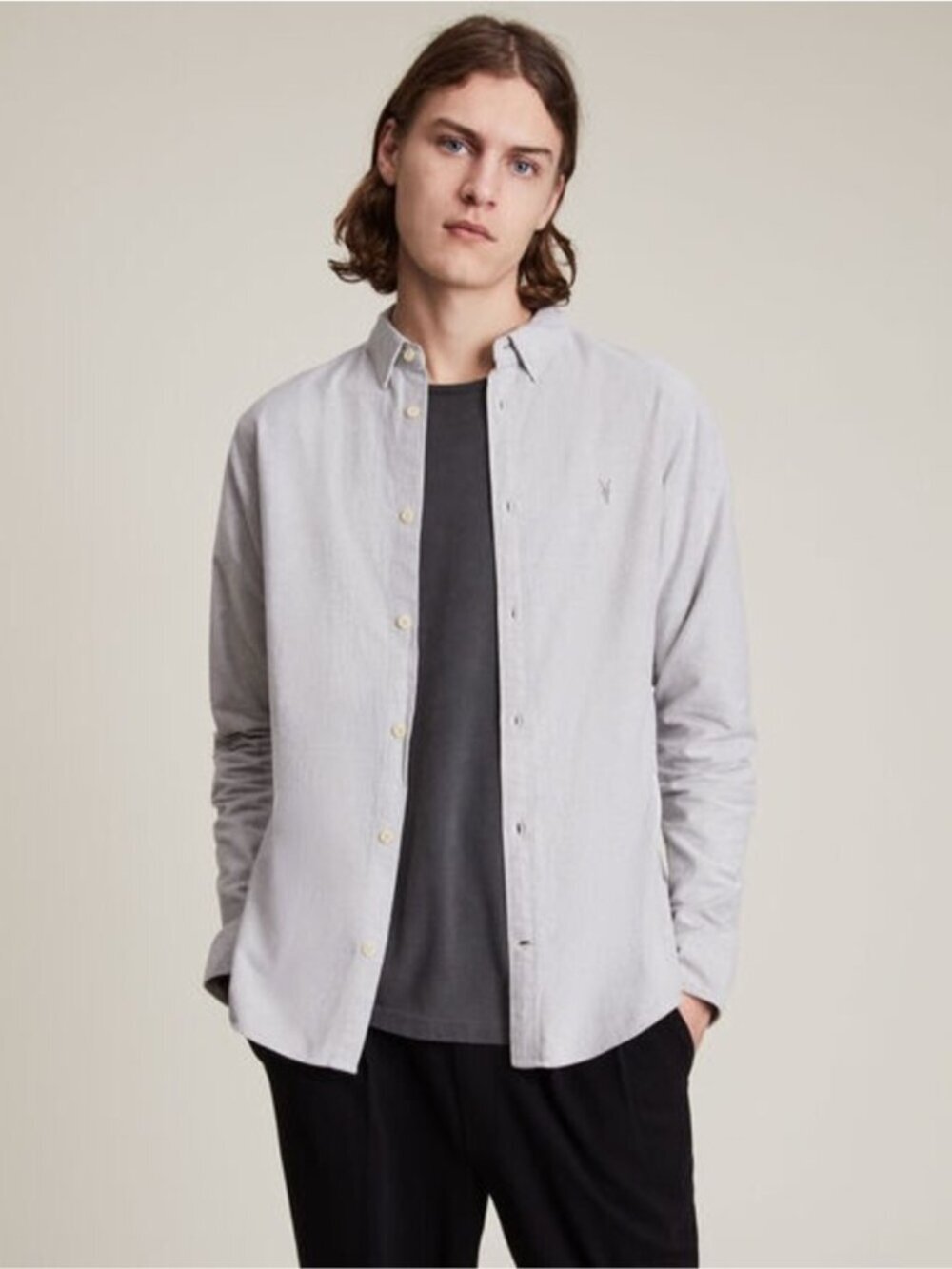 AllSaints Huntingdon Long Sleeve button down Shirt light Grey cotton collared sm